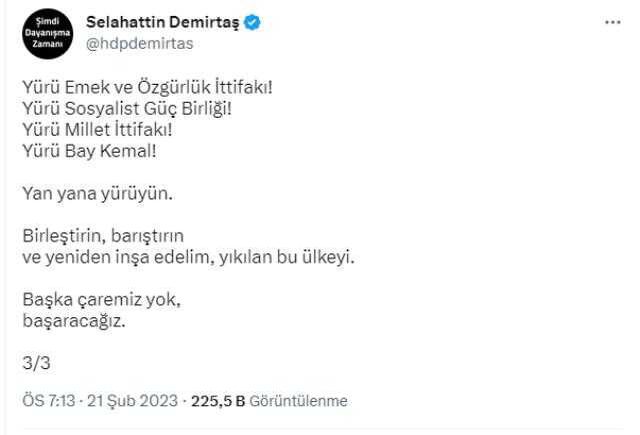 Cezaevindeki Demirtaş'tan Kılıçdaroğlu ve muhalefete birlik çağrısı: Yan yana yürüyün, başka çaremiz yok