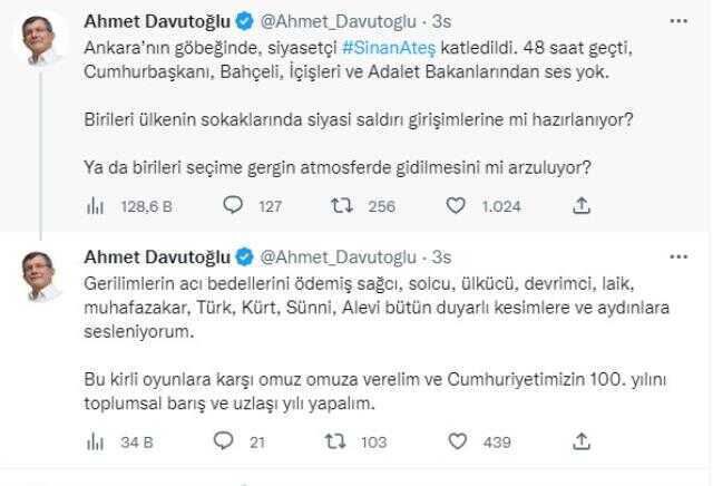 Davutoğlu: 'Sinan Ateş Katledildi. 48 Saat Geçti, Cumhurbaşkanı, Bahçeli, İçişleri ve Adalet Bakanlarından Ses Yok'