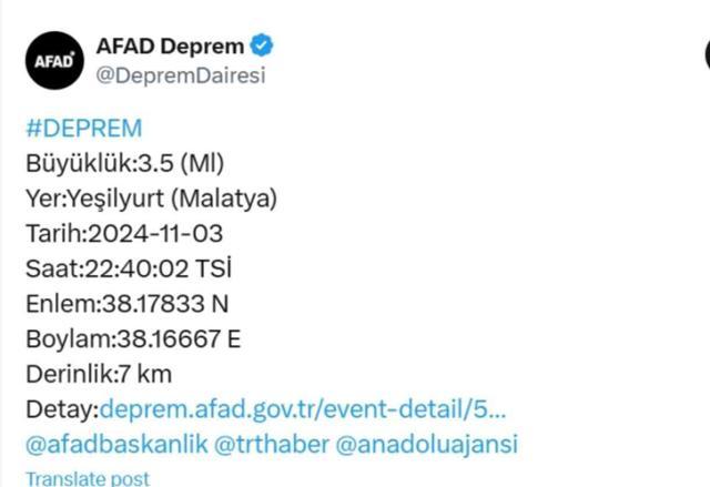 Malatya deprem mi oldu?