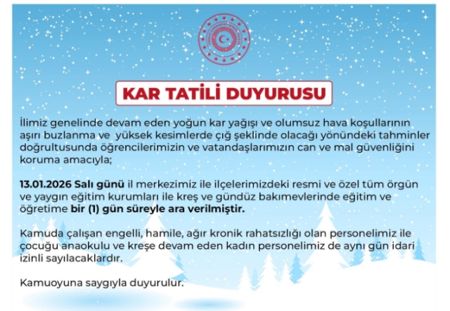 Bingöl okullar tatil mi, 13 Ocak Salı Bingöl'de okul yok mu (BİNGÖL VALİLİĞİ - KAR TATİLİ)?