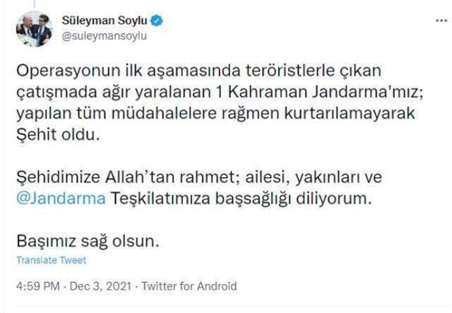 Son Dakika: Eren Kış-6 Operasyonu kapsamında Tunceli Ovacık kırsalında 1 jandarma personeli şehit oldu