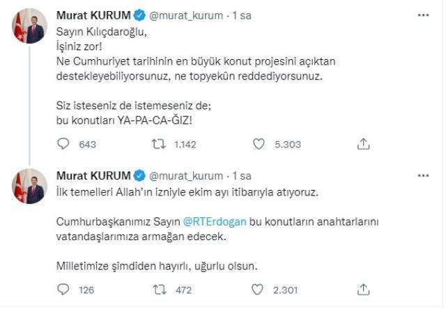 Bakan Kurum'dan 'Bu işin başarılı olmasını istiyorum' diyen Kılıçdaroğlu'na yanıt: Siz isteseniz de istemeseniz de konutları yapacağız