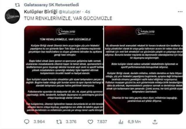 'Siyasi tartışmaların parçası değiliz' açıklamasını Beşiktaş, F.Bahçe ve G.Saray da paylaştı