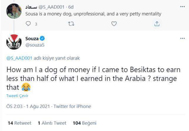 Beşiktaş'ın ön liberosu Josef de Souza'dan, 'Paranın köpeğisin' diyen takipçisine ilginç cevap