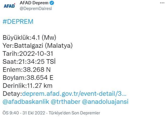 Son Dakika: Malatya Battalgazi'de 4.1 büyüklüğünde deprem meydana geldi
