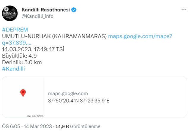 Son Dakika: Kahramanmaraş'ta 4.9 büyüklüğünde deprem meydana geldi