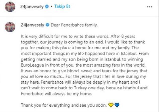 Jan Vesely, Fenerbahçe Beko'dan ayrıldığını açıkladı! Sosyal medya hesabından veda mesajı yayınladı