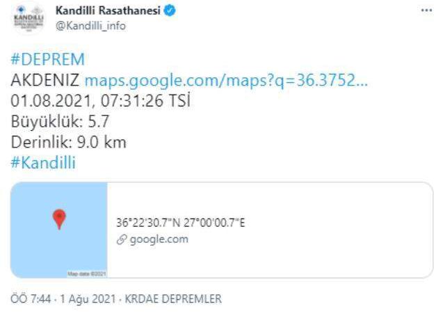 Son Dakika: Muğla'nın Datça ilçesi açıklarında 5.5 büyüklüğünde bir deprem meydana geldi