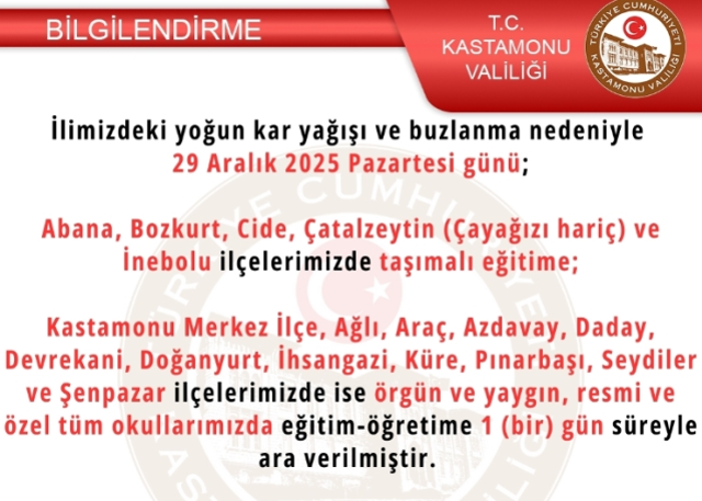 Kastamonu okullar tatil mi? 29 Aralık Pazartesi yarın Kastamonu'da okul yok mu (KAR TATİLİ – KASTAMONU VALİLİĞİ)?