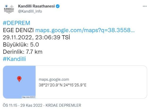 Eğriboz Adası'nda 5 büyüklüğünde deprem meydana geldi