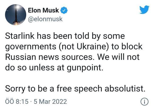 Elon Musk Rus medyasını engelle isteklerine yanıt: Silah zoru olmadıkça bunu yapmayacağız.