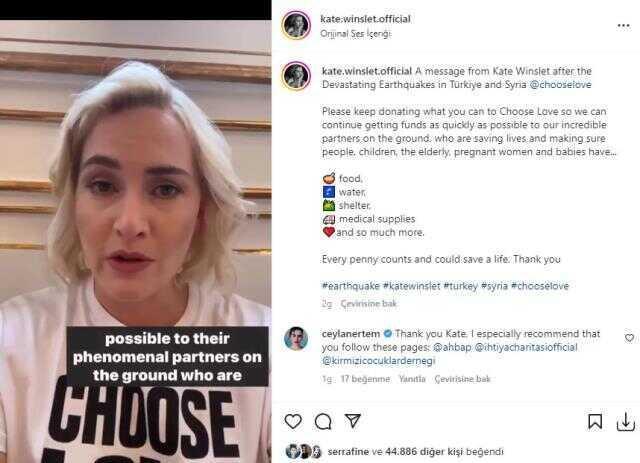 Ünlü oyuncu Kate Winslet, deprem felaketi yaşayan Türkiye için yardım çağrısında bulundu