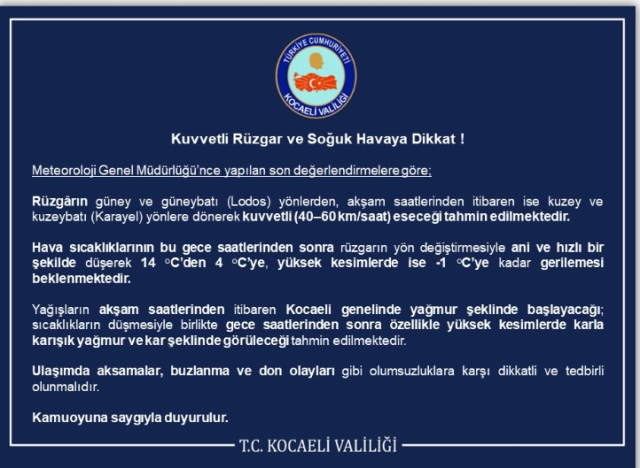 Kocaeli okullar tatil mi? 31 Aralık Çarşamba Kocaeli'de okul yok mu (KAR TATİLİ – KOCAELİ VALİLİĞİ)?