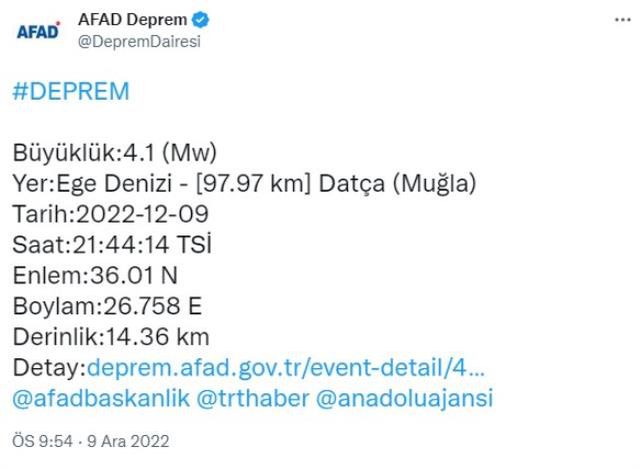 Muğla'nın Datça ilçesinde 4.1 büyüklüğünde deprem meydana geldi
