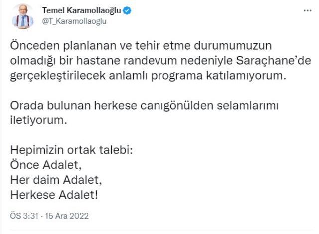 Karamollaoğlu, Saraçhane buluşmasına son anda katılamayacağını duyurdu