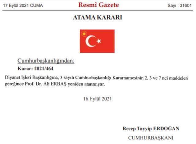 Diyanet İşleri Başkanlığı'na Prof. Dr. Ali Erbaş yeniden atandı