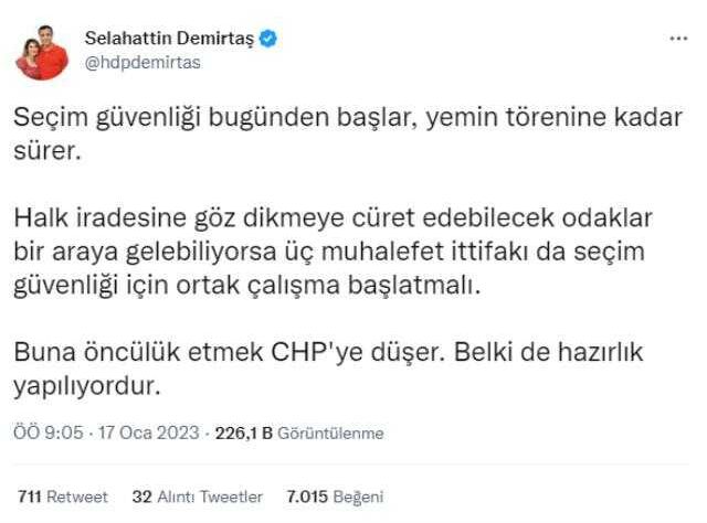 Selahattin Demirtaş'tan seçim güvenliği uyarısı: CHP öncülüğünde ortak bir çalışma başlatılmalı