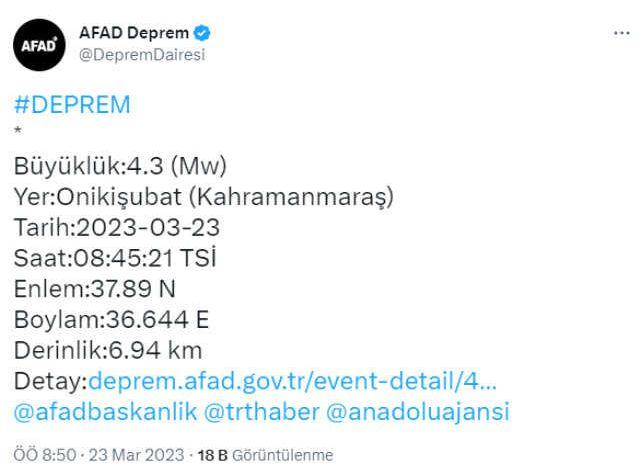 Kahramanmaraş'ın Onikişubat ilçesinde 4.3 büyüklüğünde deprem
