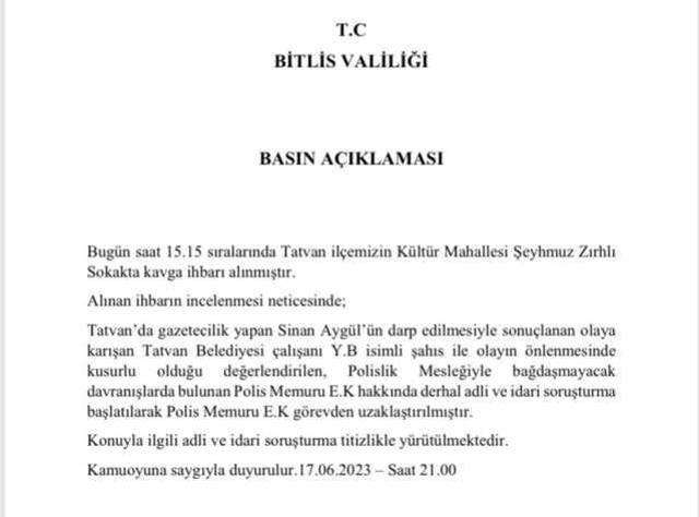 Tatvan Belediye Başkanı ile ilgili usulsüzlük iddialarını gündeme getiren gazeteci Sinan Aygül tekme tokat dövüldü