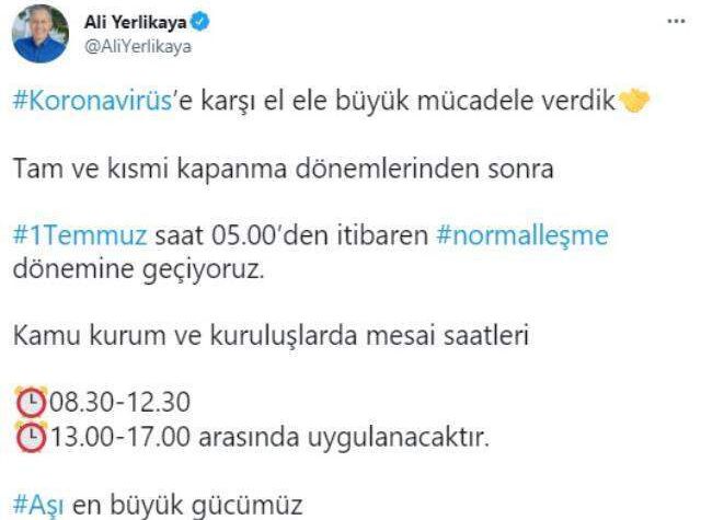 İstanbul Valisi Yerlikaya'dan normalleşme hatırlatması: Yarın kamuda mesai 08.30-17.00 arasında uygulanacak