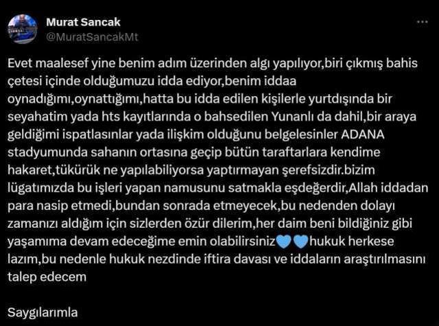 Adana Demirspor Başkanı Murat Sancak hakkında çıkan bahis iddialarına ateş püskürdü: Yaptırmayan şerefsizdir.
