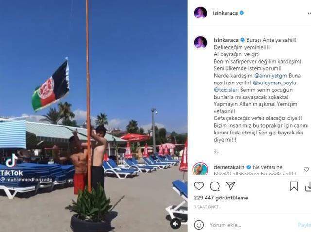 Türkiye'de bir plajda Afganistan bayrağının asıldığını gören Işın Karaca, öfkeden deliye döndü