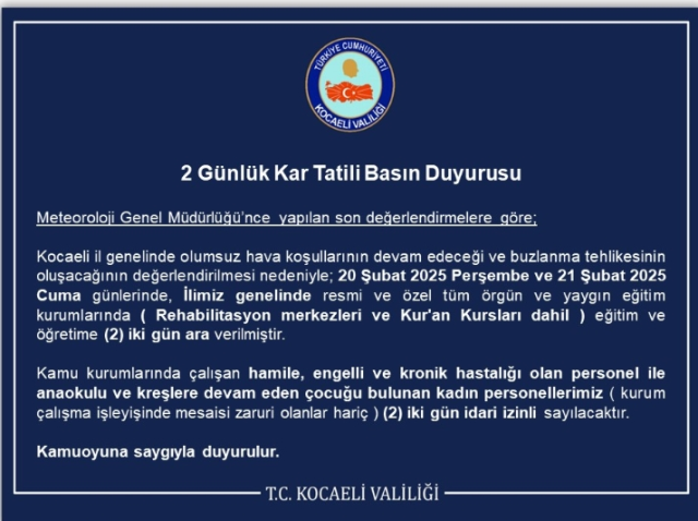 Kocaeli okullar tatil mi SON DAKİKA? 21 Şubat Cuma Kocaeli okul yok mu (Kocaeli Valiliği Açıklaması – KAR TATİLİ)?