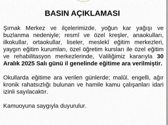 Şırnak okullar tatil mi? 30 Aralık Salı Şırnak okul yok mu (KAR TATİLİ – ŞIRNAK VALİLİĞİ)?