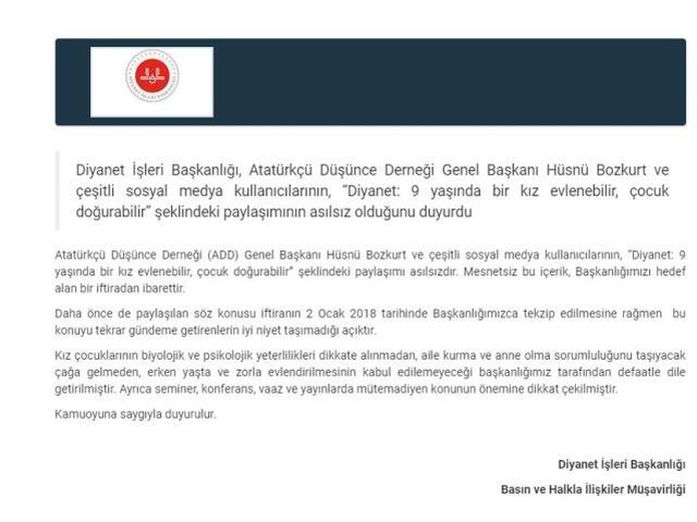 Diyanet İşleri Başkanlığı'nın '9 yaşındaki kız çocuğunun evlenebileceği ve çocuk doğurabileceği' yönünde açıklama yaptığı iddiası