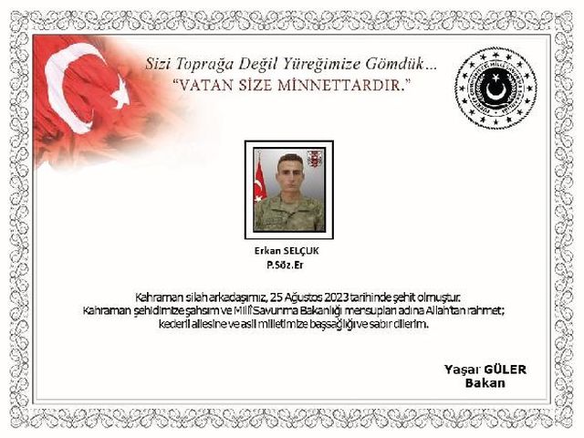 Pençe-Kilit Harekatı'nda şehit olan asker için başsağlığı mesajları