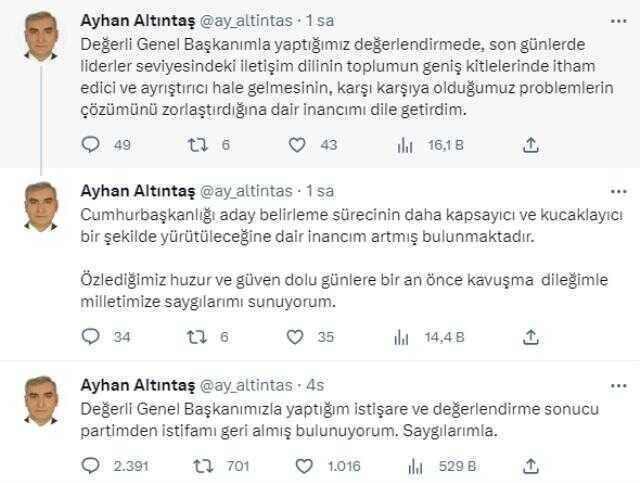 İYİ Parti Milletvekili Ayhan Altıntaş önce istifa etti, sonra Akşener ile görüşüp kararından vazgeçti