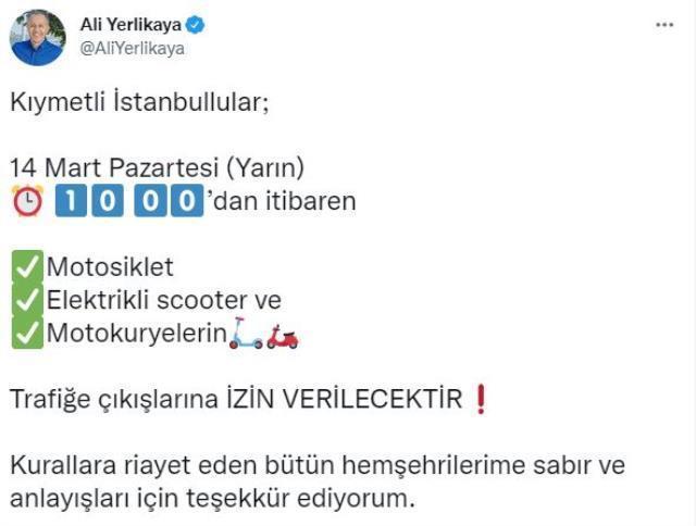Son Dakika: Motosiklet, elektrikli scooter ve motokuryelerin trafiğe çıkma yasağı 14 Mart Pazartesi günü saat 10.00'da bitecek