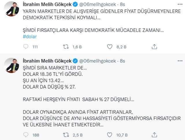 Dolar düştü, Melih Gökçek Twitter'da coştu: Şimdi sıra marketlerde, fiyatları düşürmeyen fırsatçıdır