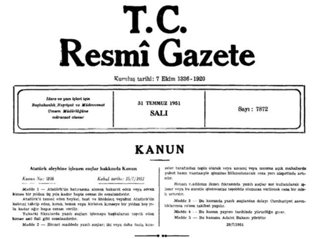 5816 sayılı kanun nedir? 5816 sayılı kanun ne diyor? Atatürk aleyhine işlenen suçlar nelerdir?