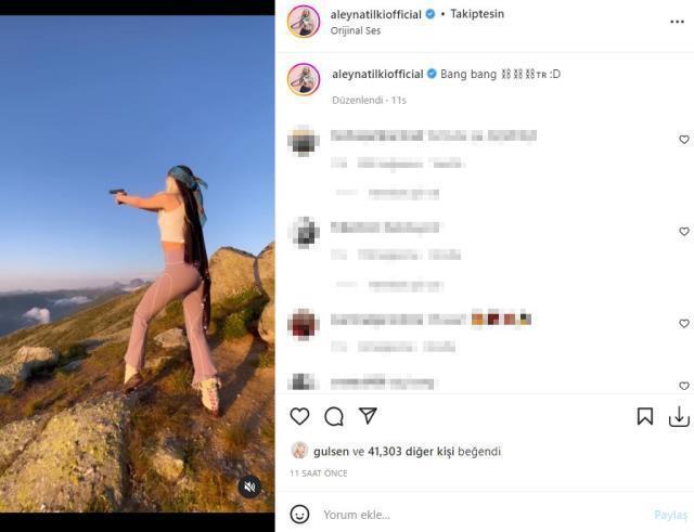 Yaylaya çıkan Aleyna Tilki, eline silah alarak ateş etti