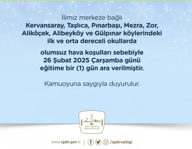 Iğdır okullar tatil mi SON DAKİKA? 26 Şubat Çarşamba Iğdır okul yok mu (Iğdır Valiliği Açıklaması – KAR TATİLİ)?