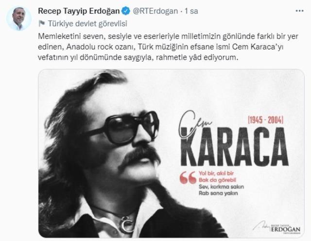 Cumhurbaşkanı Erdoğan, Cem Karaca'yı ölüm yıl dönümünde andı