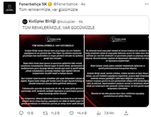 'Siyasi tartışmaların parçası değiliz' açıklamasını Beşiktaş, F.Bahçe ve G.Saray da paylaştı