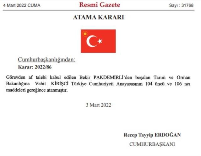 Son Dakika: Tarım ve Orman Bakanı Bekir Pakdemirli görevinden istifa etti, yerine Vahit Kirişci atandı
