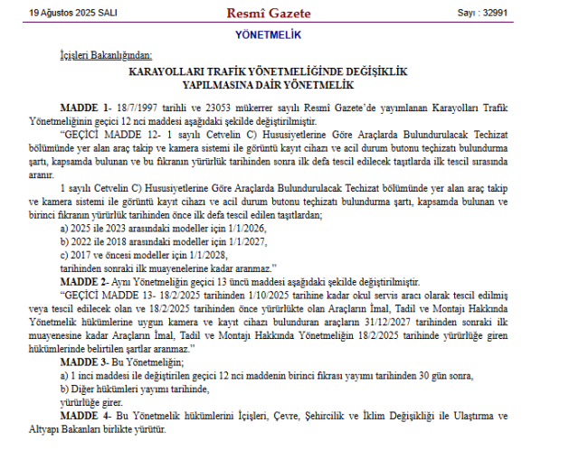 Araç kamerası zorunlu mu? Resmi Gazete'de yayınlandı!