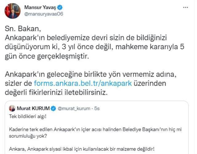 Mansur Yavaş'tan Bakan Kurum'un Ankapark eleştirilerine yanıt: Belediyemize devri 5 gün önce gerçekleşti