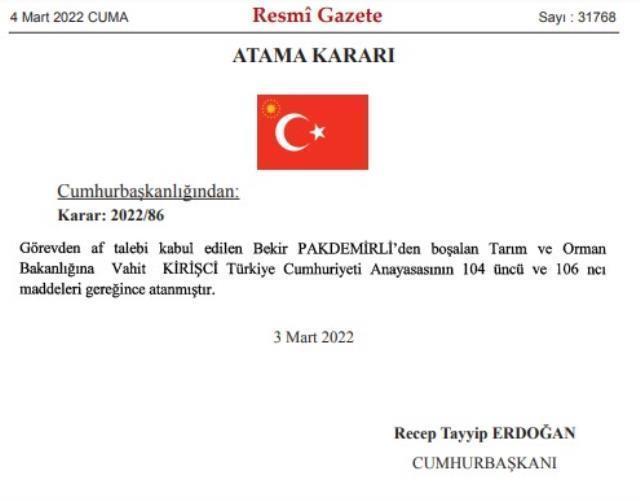Bekir Pakdemirli istifa mı etti, yerine kim geldi? Tarım ve Orman Bakanı Bekir Pakdemirli istifa mı etti, teni Bakan kim oldu?
