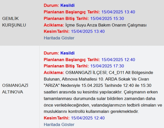 Bursa BUSKİ su kesintisi! 15-16 Nisan Bursa'da su kesintisi ne zaman bitecek, sular ne zaman gelecek?