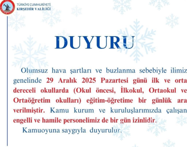 Kırşehir okullar tatil mi? 29 Aralık Pazartesi yarın Kırşehir'de okul yok mu (KAR TATİLİ – KIRŞEHİR VALİLİĞİ)?