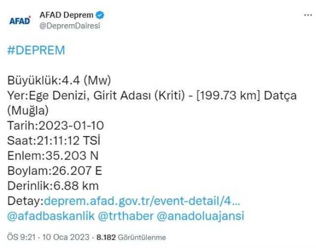 Ege Denizi'nde 4,4 büyüklüğünde deprem