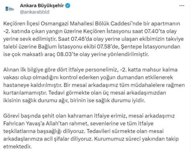 7 katlı binada çıkan yangında dumandan etkilenen 4 itfaiye erinden biri şehit oldu