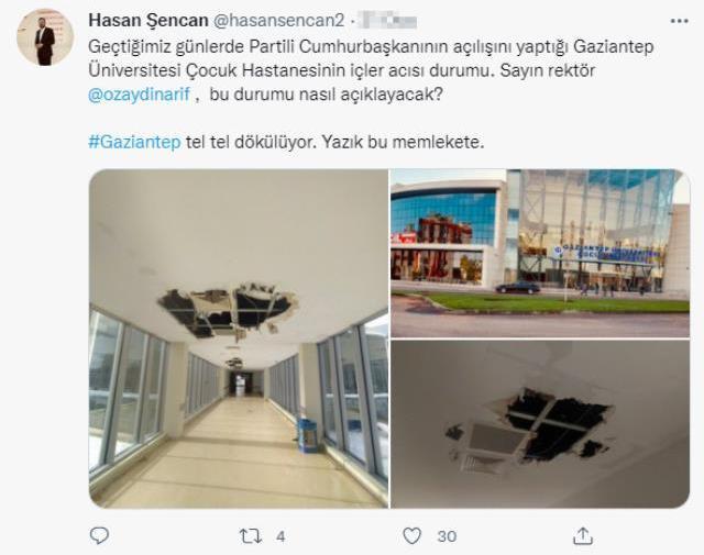 Hizmete gireli 1 ay bile olmayan çocuk hastanesinin tavanında çökme meydana geldi