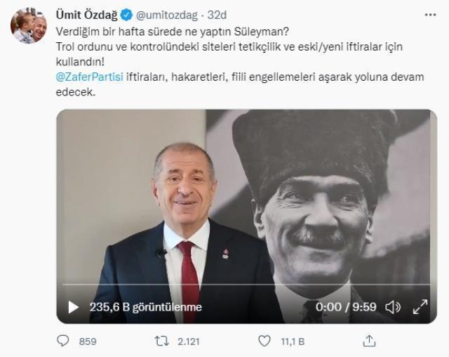 Saat 21.00'i işaret eden Özdağ, Bakan Soylu ile ilgili videoyu paylaştı