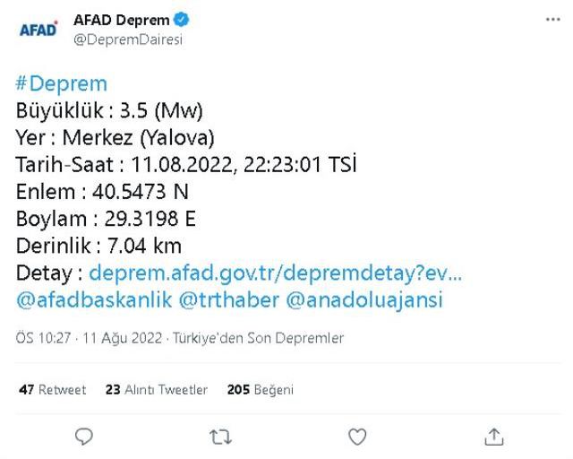 Yalova'da deprem mi oldu? 11 Ağustos 2022 Yalova'da nerede deprem oldu? 11 Ağustos Yalova'da kaç büyüklüğünde deprem oldu? Merkez üssü neresi?