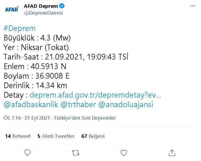 Tokat'ta deprem! 21 Eylül Salı Tokat Niksar'da deprem mi oldu? Tokat depremi kaç şiddetinde oldu? Merkez üssü neresi?